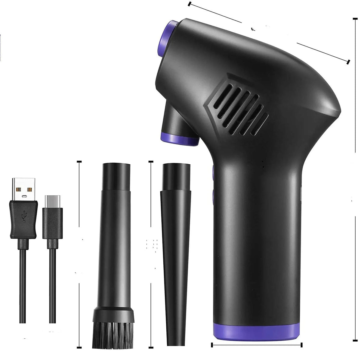 Black cordless air duster with full-palm grip and withdrawable nozzle for computer and camera cleaning