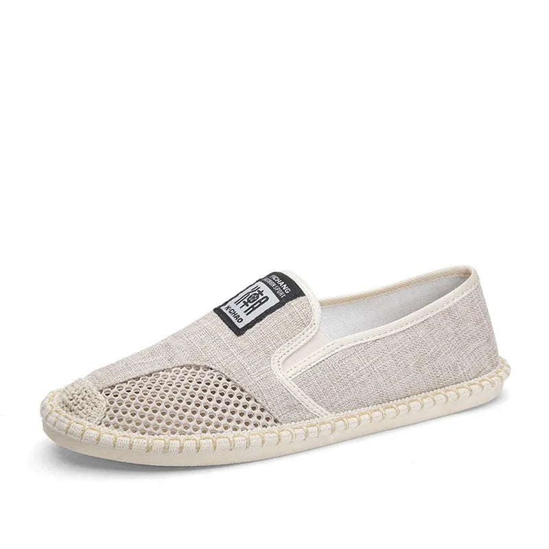 Men's microfiber leather fisherman shoes in beige with rubber sole and leather toe cap