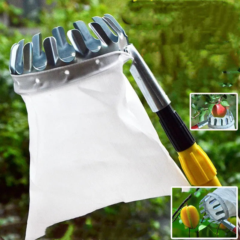 Steel wire frame fruit picker basket with a long handle and attached cloth catcher bag for garden use.