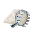 Steel wire frame fruit picker basket with a long handle and attached cloth catcher bag for garden use.
