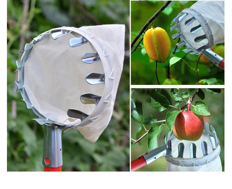 Steel wire frame fruit picker basket with a long handle and attached cloth catcher bag for garden use.