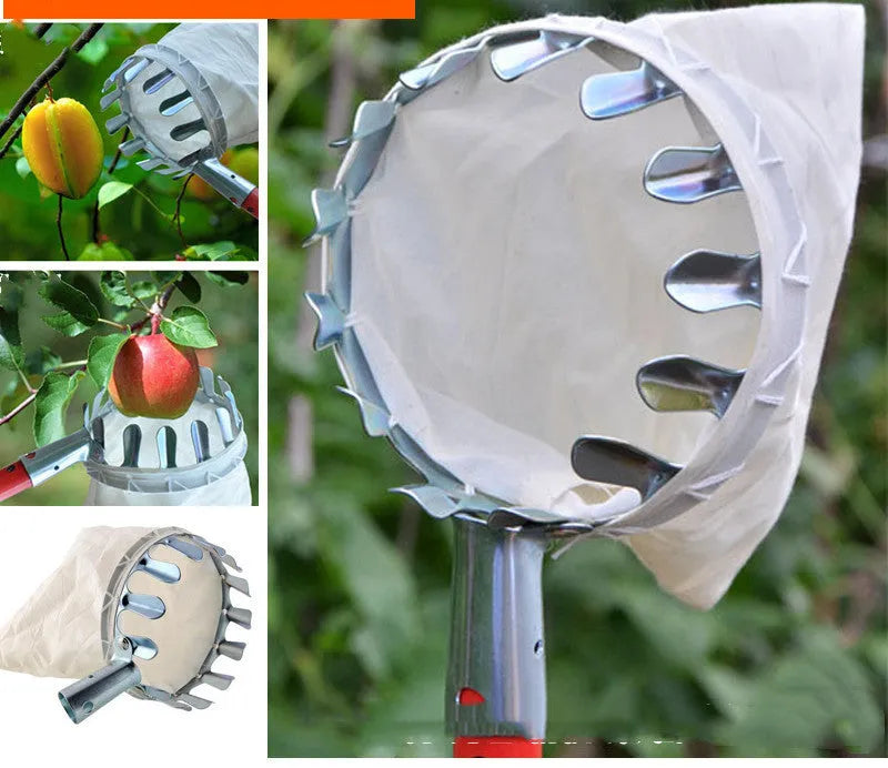 Steel wire frame fruit picker basket with a long handle and attached cloth catcher bag for garden use.