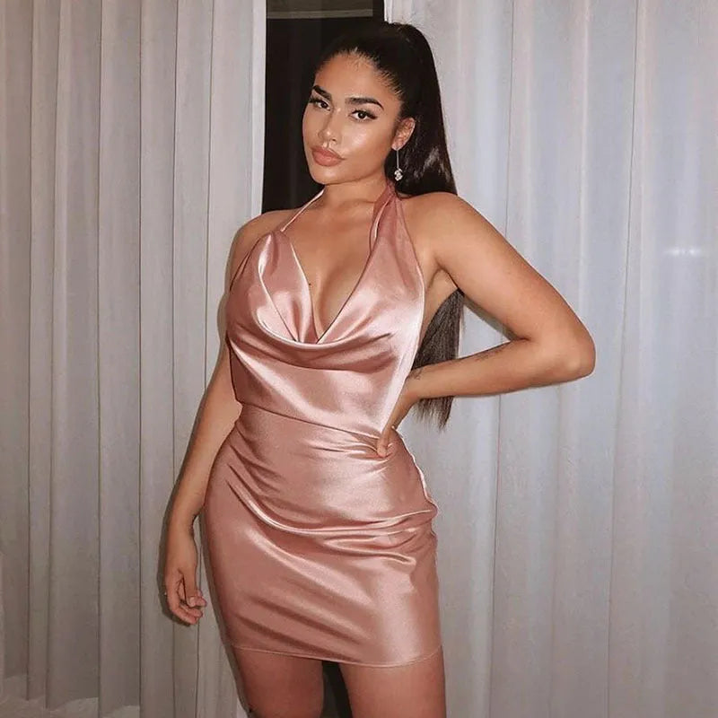 Satin V-neck backless party dress with adjustable spaghetti straps, ruched sides, available in black, pink, white