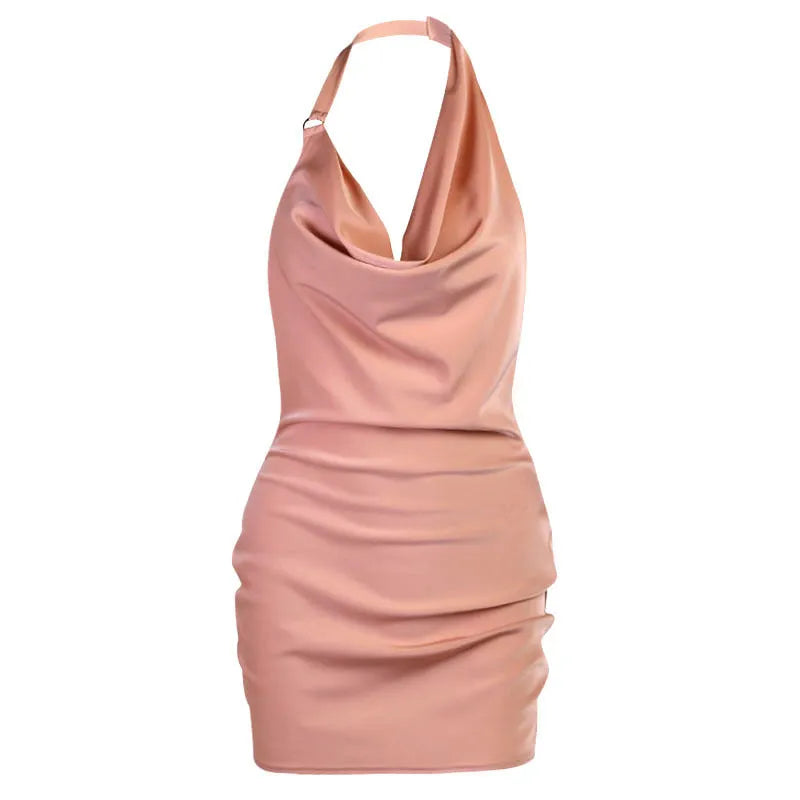 Satin V-neck backless party dress with adjustable spaghetti straps, ruched sides, available in black, pink, white