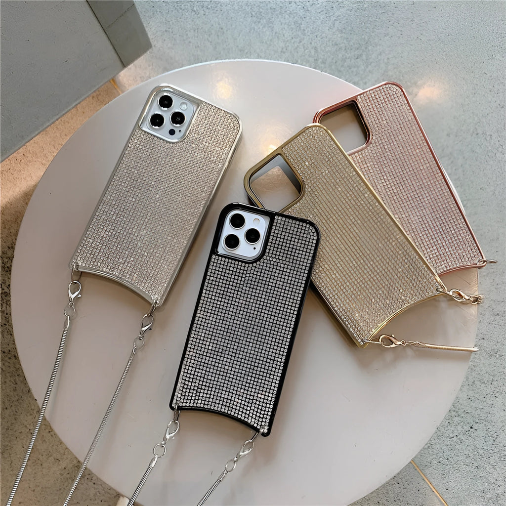Go Boy sparkle glitter rhinestone TPU phone case with lanyard strap and chain for Apple iPhone, shown in Gold finish on iPhone 12