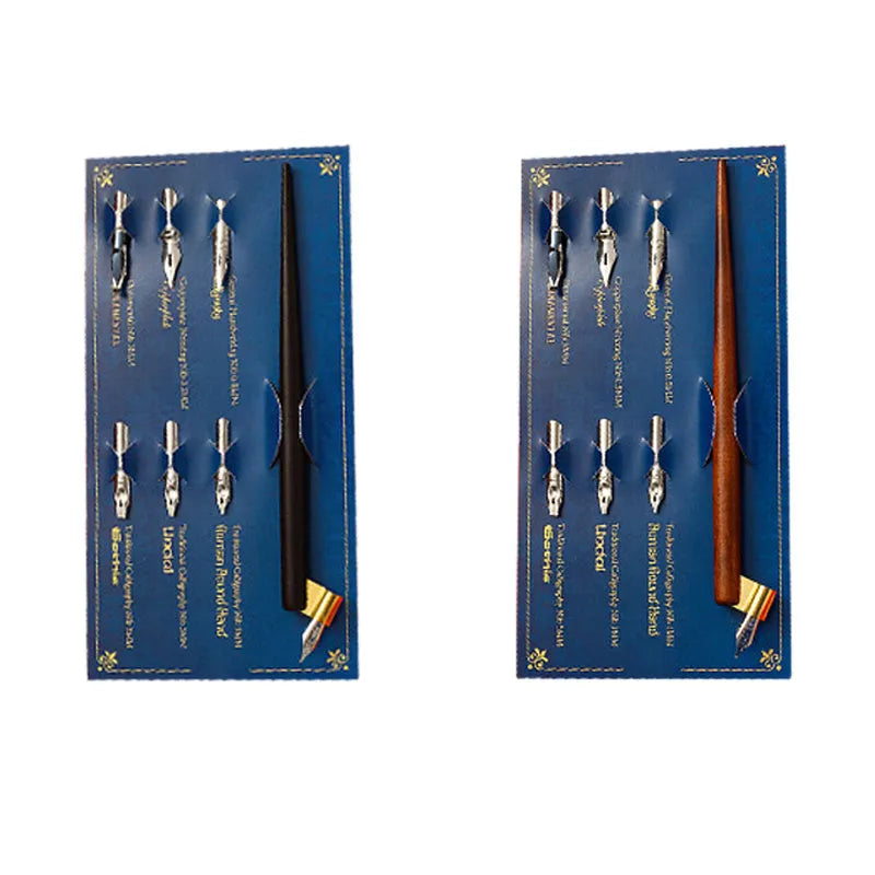 Black and brown comic dip pens with straight and inclined holders and six stainless steel nibs