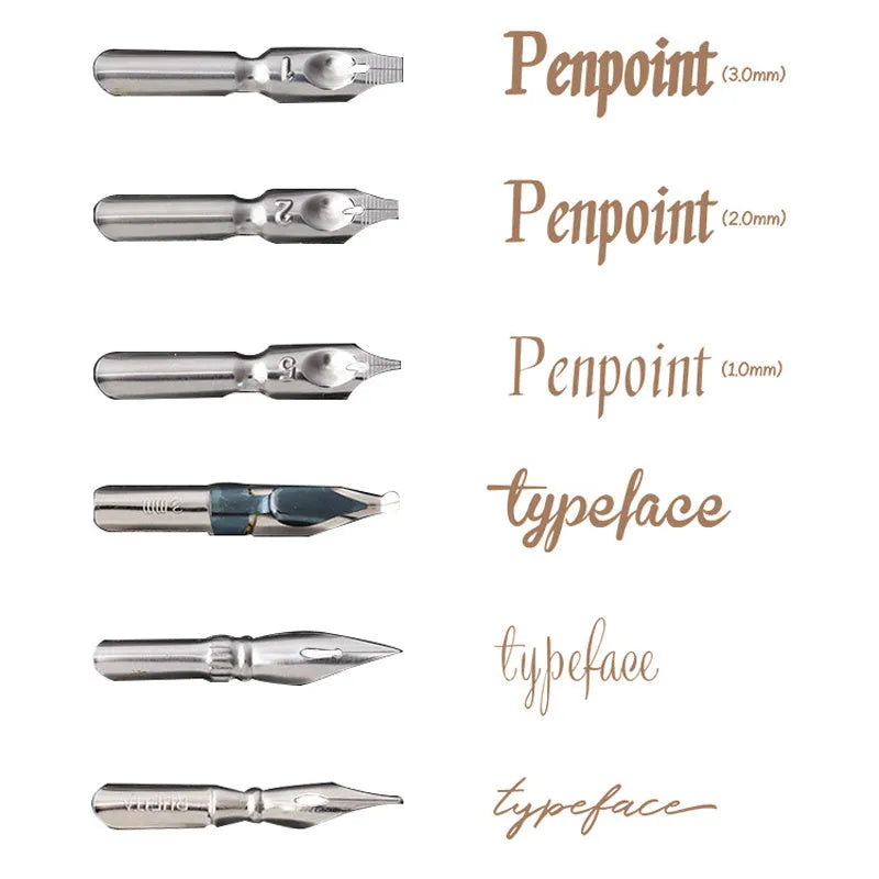 Black and brown comic dip pens with straight and inclined holders and six stainless steel nibs