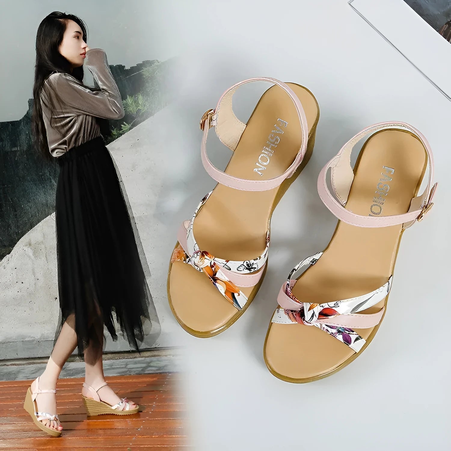 Pink women's wedge sandals with peep-toe, thick heel, and a single buckle fastening on a white background.