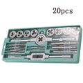 20-piece metric hand tap and die set with alloy steel tools in a case, showing silver and titanium-plated finishes.