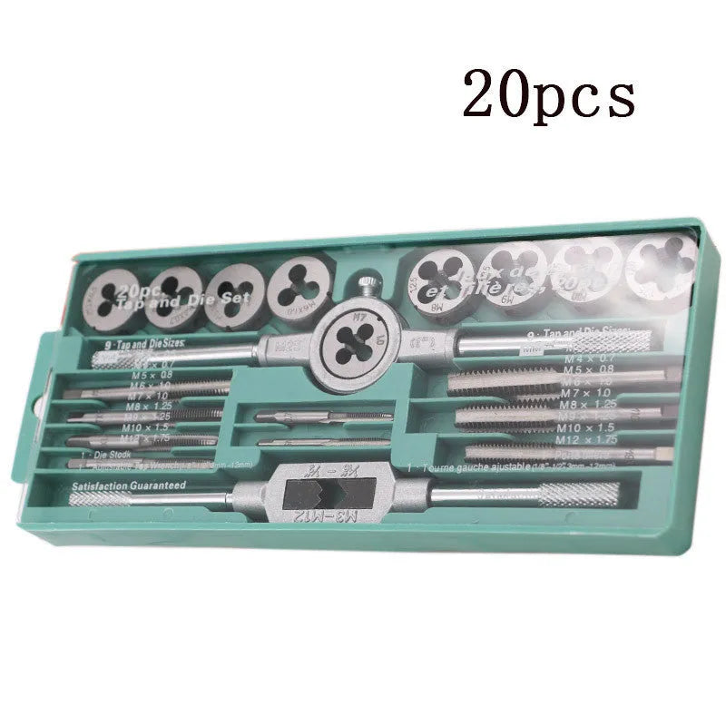 20-piece metric hand tap and die set with alloy steel tools in a case, showing silver and titanium-plated finishes.