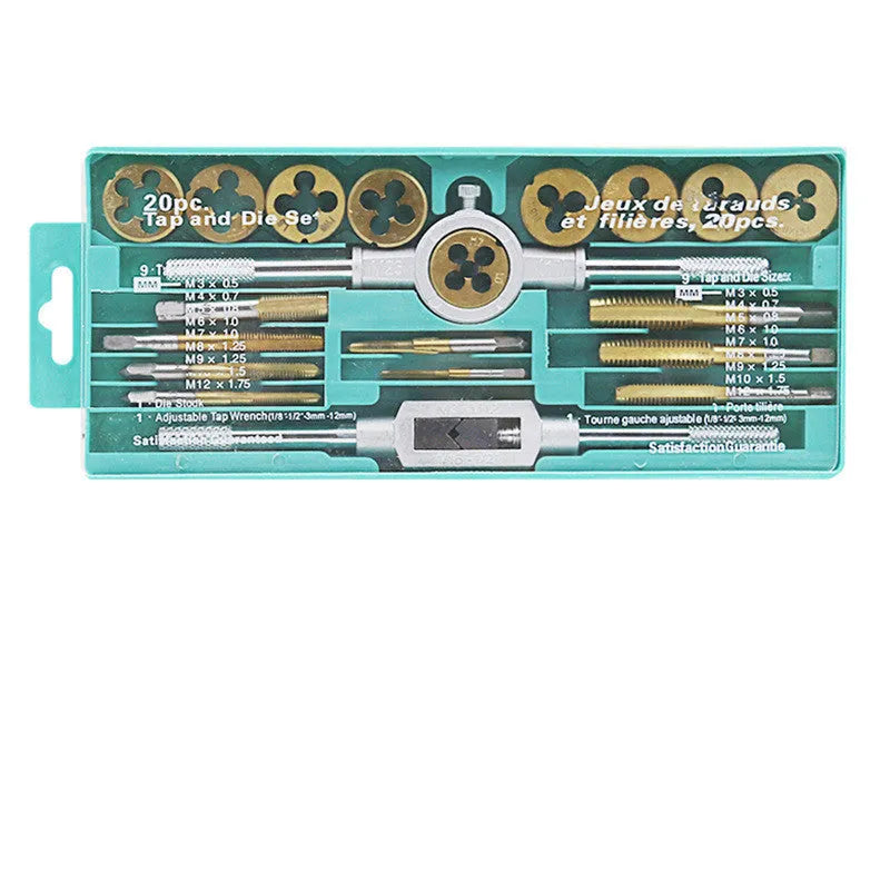 20-piece metric hand tap and die set with alloy steel tools in a case, showing silver and titanium-plated finishes.