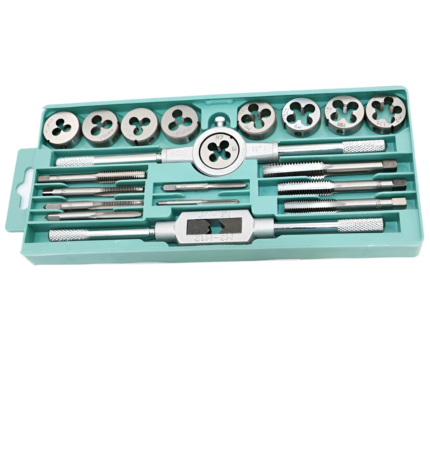 20-piece metric hand tap and die set with alloy steel tools in a case, showing silver and titanium-plated finishes.