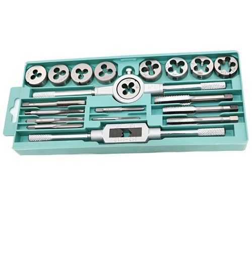 20-piece metric hand tap and die set with alloy steel tools in a case, showing silver and titanium-plated finishes.