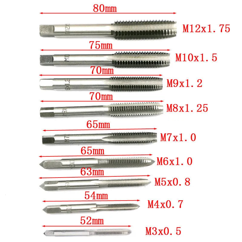 20-piece metric hand tap and die set with alloy steel tools in a case, showing silver and titanium-plated finishes.