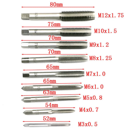 20-piece metric hand tap and die set with alloy steel tools in a case, showing silver and titanium-plated finishes.
