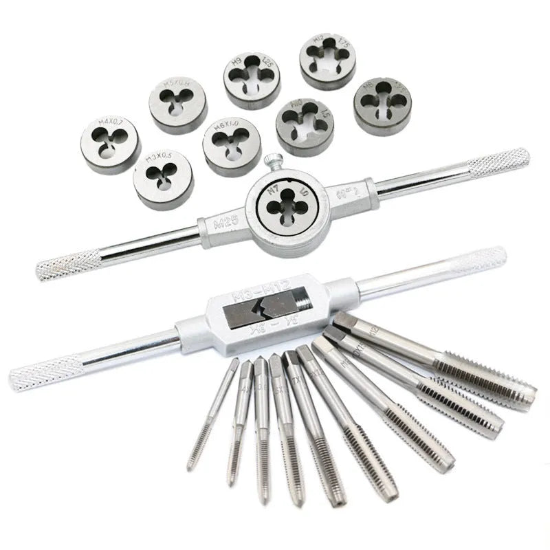 20-piece metric hand tap and die set with alloy steel tools in a case, showing silver and titanium-plated finishes.