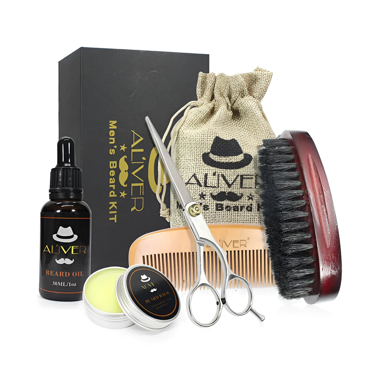 Five-piece beard care set with sandalwood comb, brush, scissors, beard oil 30ml, beard cream 30g, drawstring bag and gift box