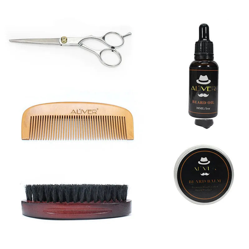 Five-piece beard care set with sandalwood comb, brush, scissors, beard oil 30ml, beard cream 30g, drawstring bag and gift box