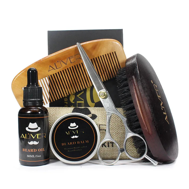 Five-piece beard care set with sandalwood comb, brush, scissors, beard oil 30ml, beard cream 30g, drawstring bag and gift box