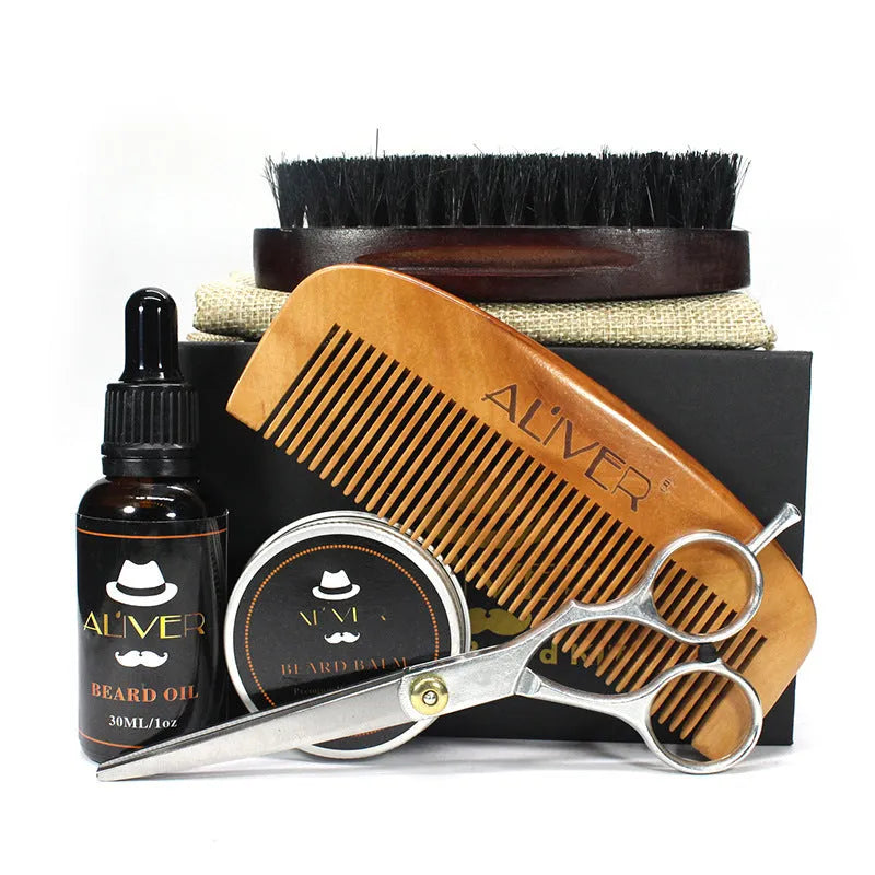 Five-piece beard care set with sandalwood comb, brush, scissors, beard oil 30ml, beard cream 30g, drawstring bag and gift box