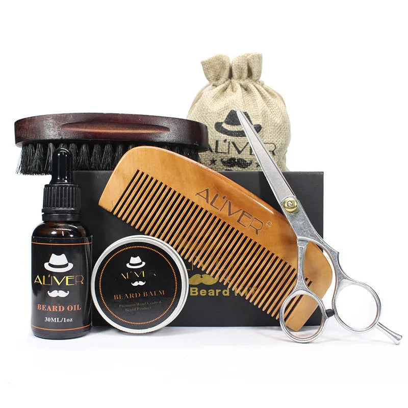 Five-piece beard care set with sandalwood comb, brush, scissors, beard oil 30ml, beard cream 30g, drawstring bag and gift box
