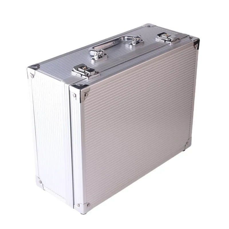 Black aluminium tattoo equipment storage box with foam inserts holding tattoo machines, needles, and ink bottles.