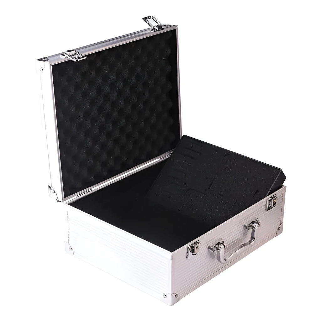 Black aluminium tattoo equipment storage box with foam inserts holding tattoo machines, needles, and ink bottles.