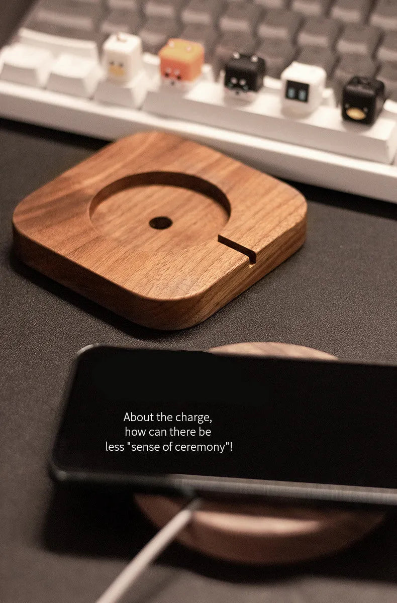 Walnut solid wood magnetic wireless charger bracket with round section design on desk