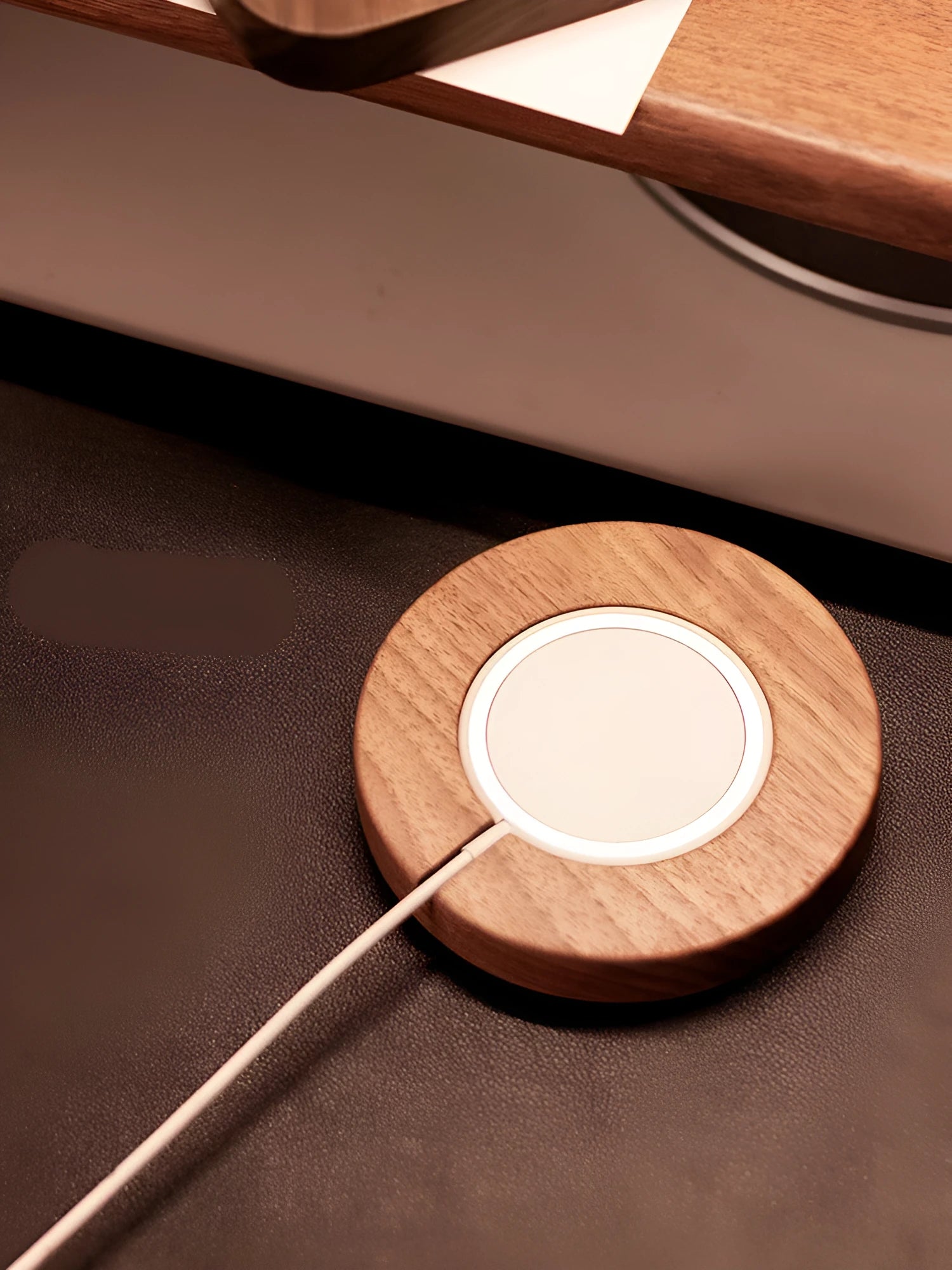 Walnut solid wood magnetic wireless charger bracket with round section design on desk
