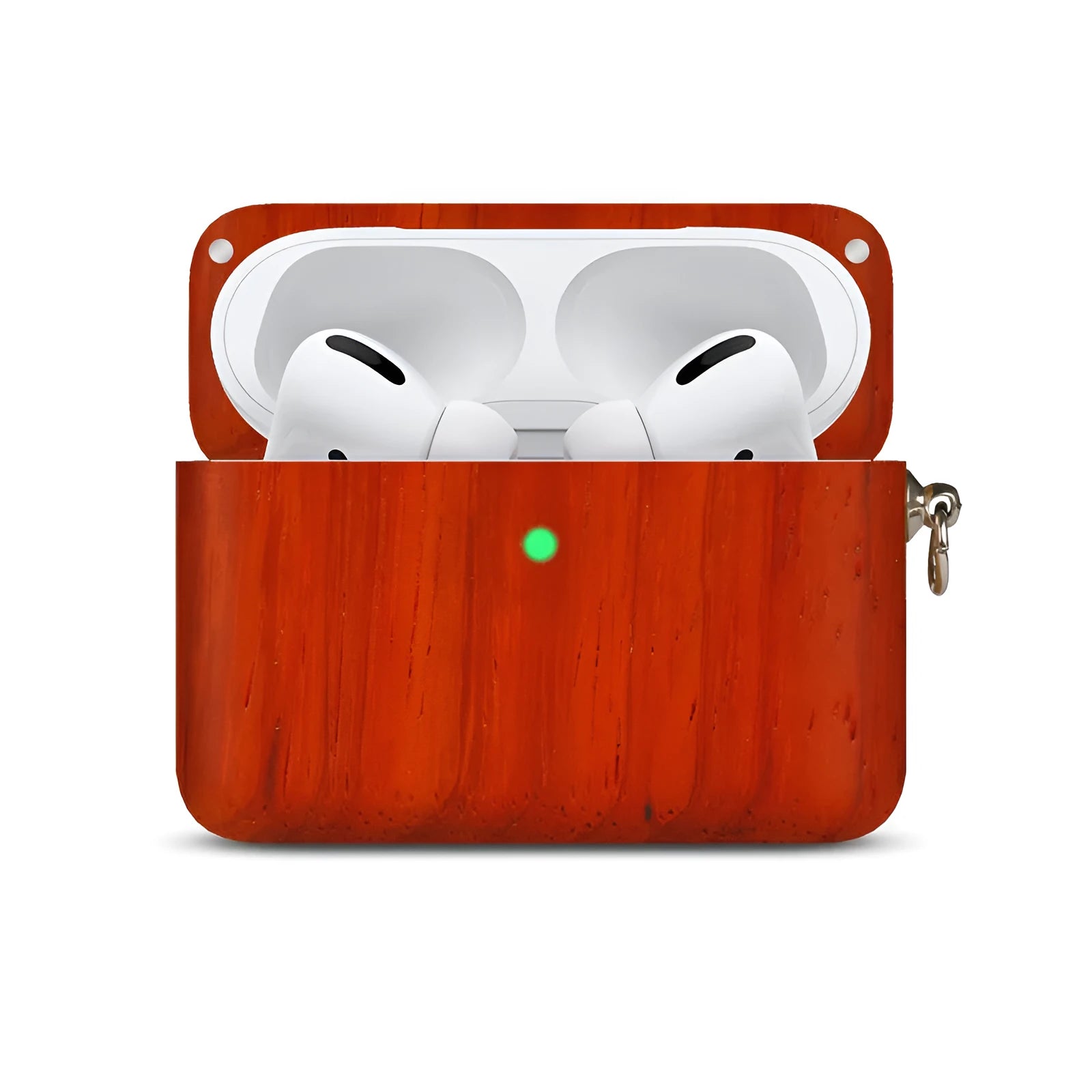 Solid wood earphone sleeve in walnut next to compatible wireless earphones on a wooden table.