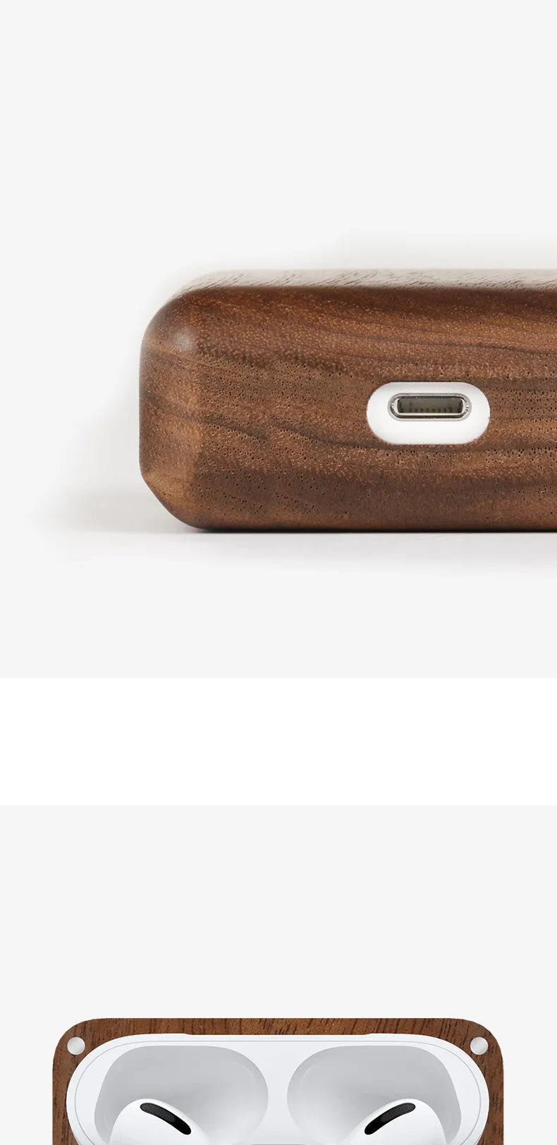 Solid wood earphone sleeve in walnut next to compatible wireless earphones on a wooden table.