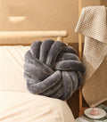 Square Nordic cushion with knotted ball design in plush velvet, 35 cm decorative pillow