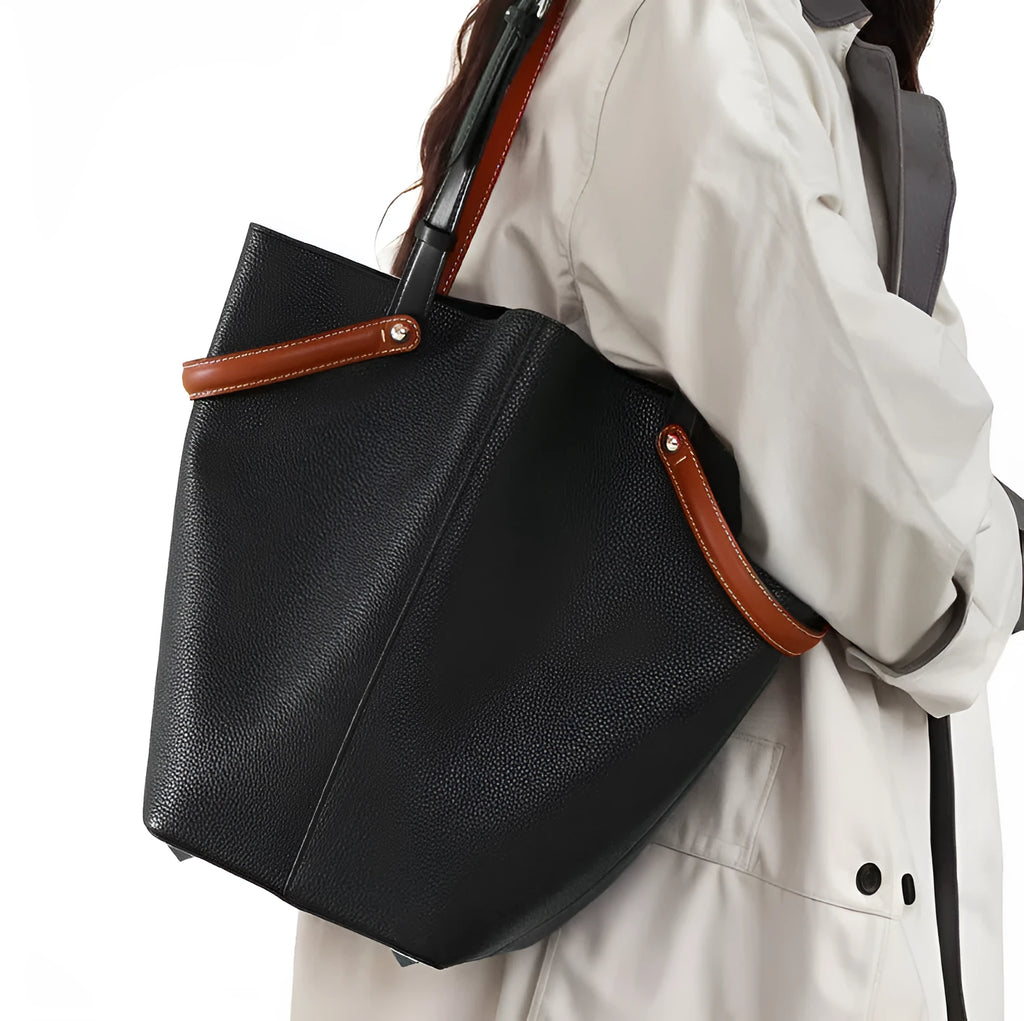 Genuine leather women's tote bag vertical square shape 20x26x16cm top-grain leather black gray white urban minimalist stitching