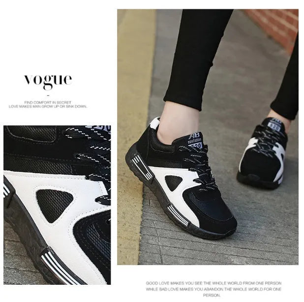 Women's Korean-style casual shoes with breathable mesh lining and thick sole in black