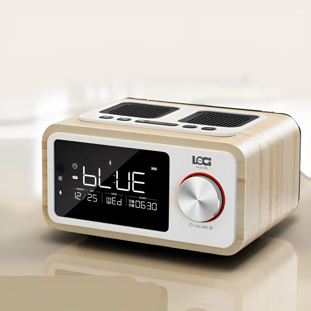 Wooden Bluetooth speaker alarm clock radio in golden oil colour with dual speakers and display
