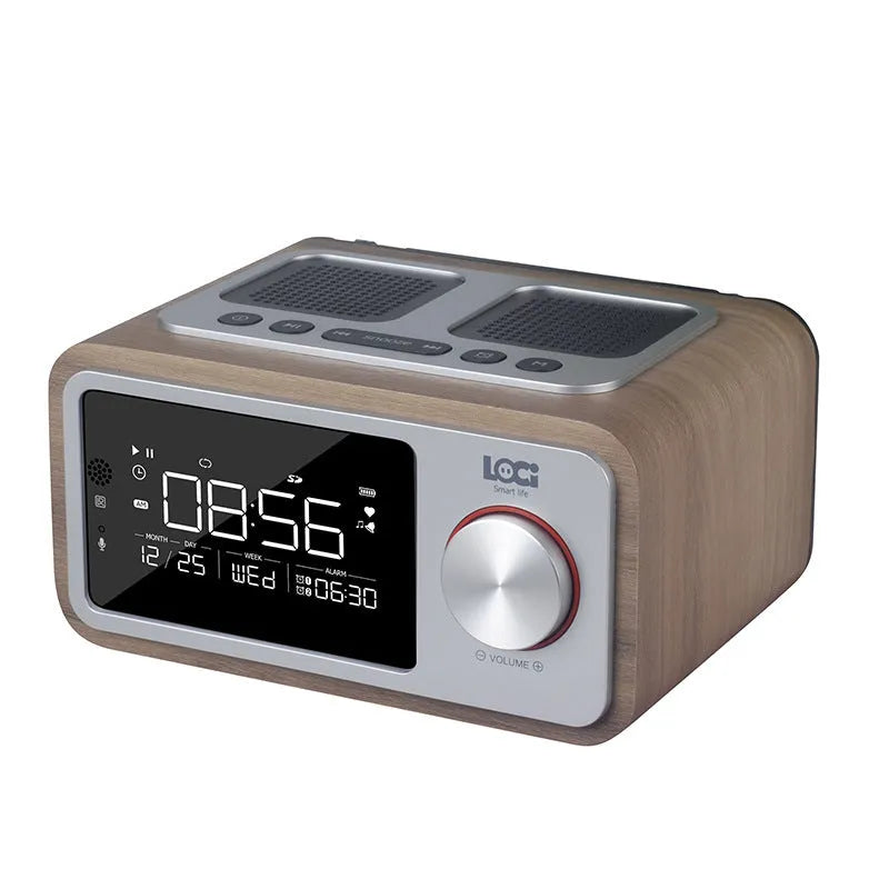 Wooden Bluetooth speaker alarm clock radio in golden oil colour with dual speakers and display