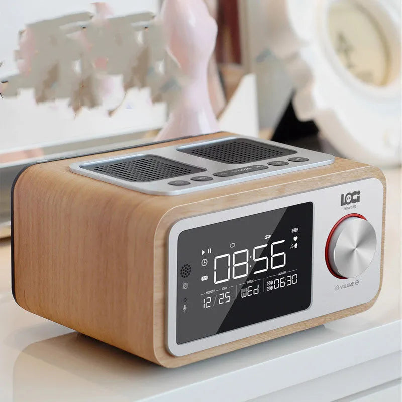 Wooden Bluetooth speaker alarm clock radio in golden oil colour with dual speakers and display