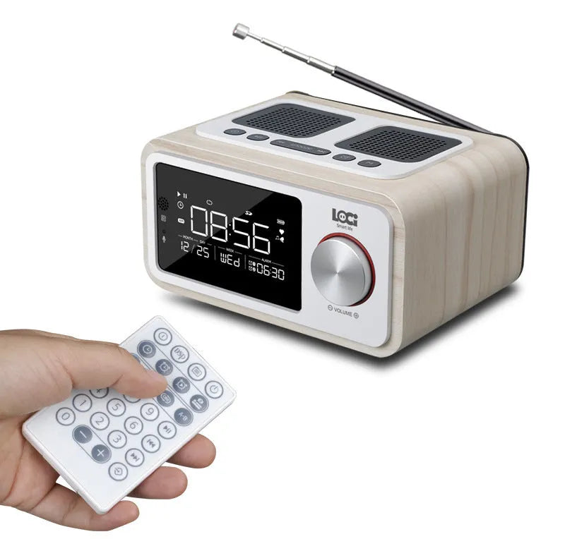 Wooden Bluetooth speaker alarm clock radio in golden oil colour with dual speakers and display