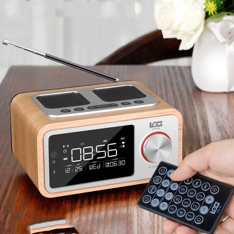 Wooden Bluetooth speaker alarm clock radio in golden oil colour with dual speakers and display