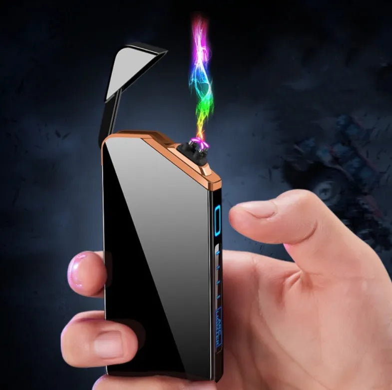 Black USB rechargeable metal windproof electronic lighter, 73 x 35 x 11mm, about 57g