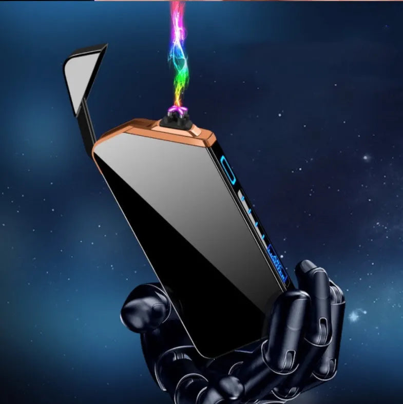 Black USB rechargeable metal windproof electronic lighter, 73 x 35 x 11mm, about 57g