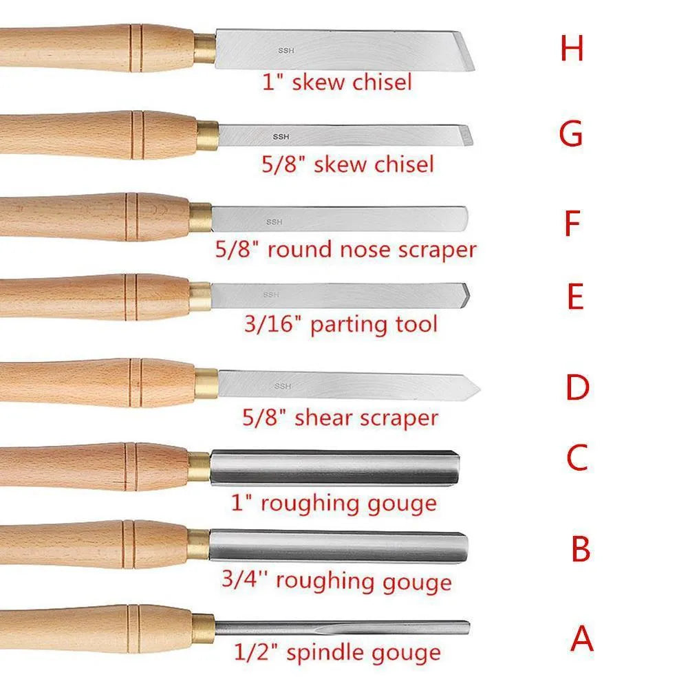 8-piece woodworking turning tool set with chrome vanadium steel tools in wooden box