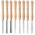8-piece woodworking turning tool set with chrome vanadium steel tools in wooden box