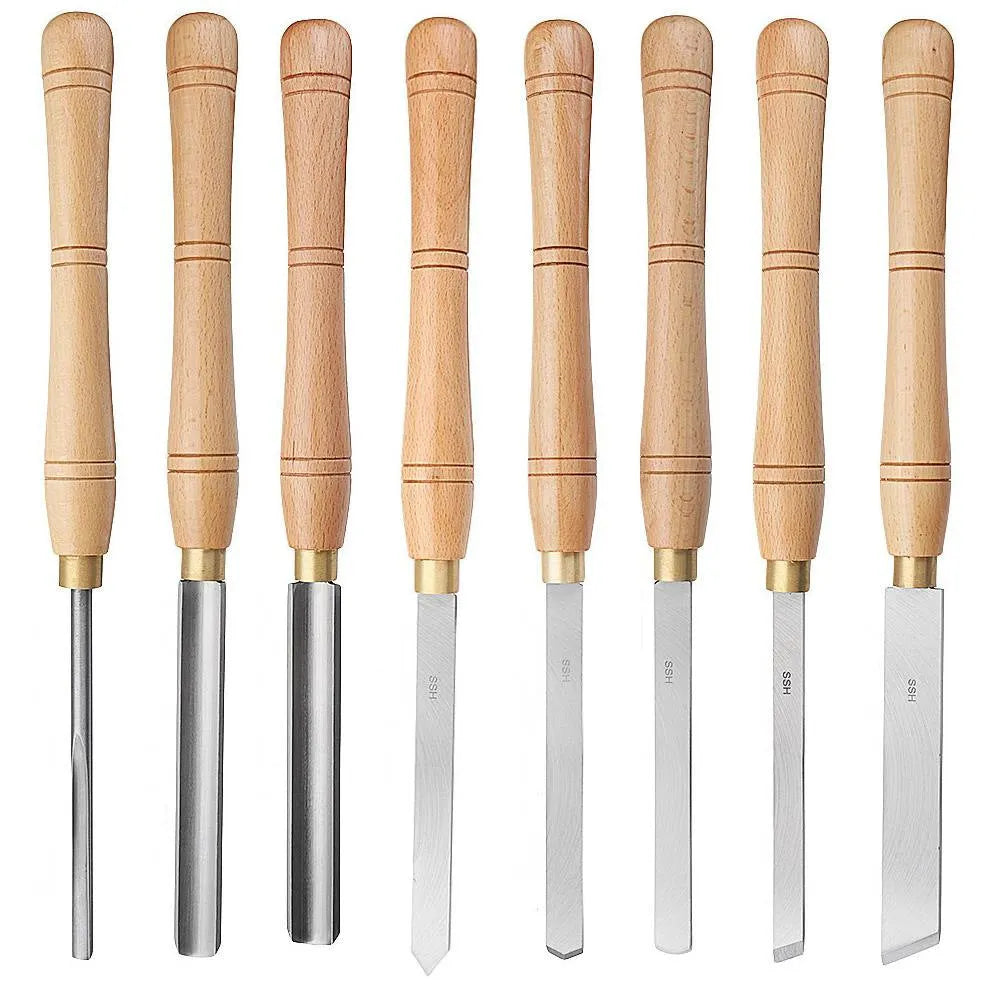 8-piece woodworking turning tool set with chrome vanadium steel tools in wooden box