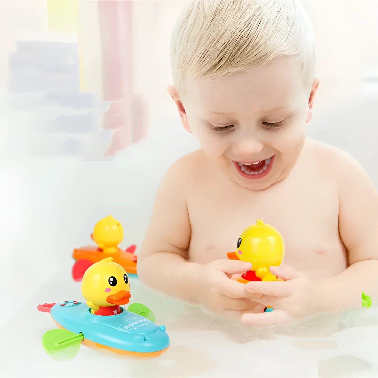 Yellow plastic wind-up swimming duck bath toy for children's water play
