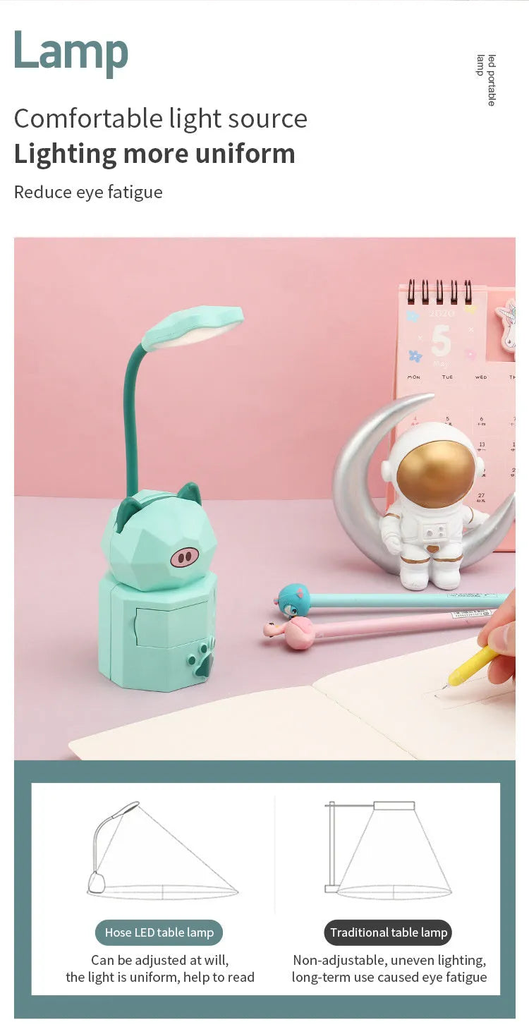 Cute animal USB LED desk lamp with phone holder and storage in six colour options including bear and cat