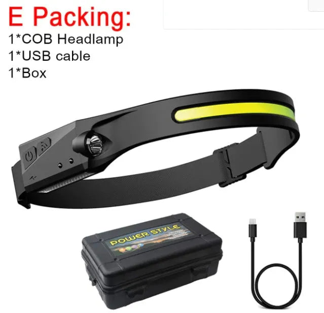 Black silicone induction charging LED light with strap, showing touch switch and compact size for fishing and running.