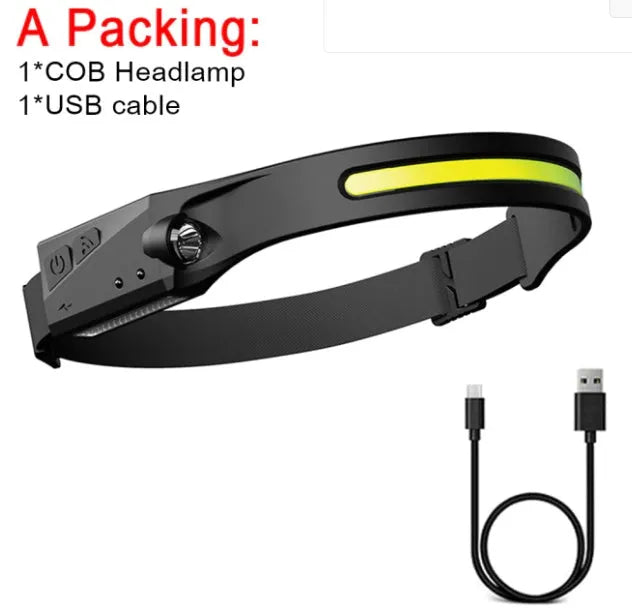 Black silicone induction charging LED light with strap, showing touch switch and compact size for fishing and running.