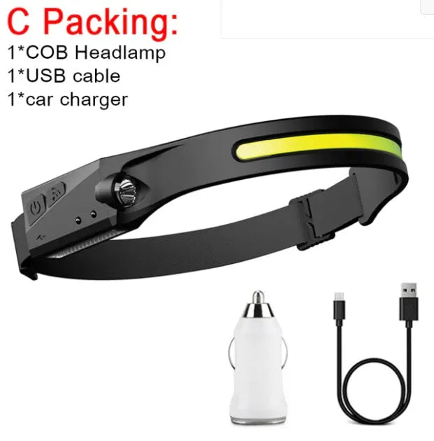 Black silicone induction charging LED light with strap, showing touch switch and compact size for fishing and running.