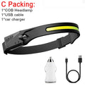 Black silicone induction charging LED light with strap, showing touch switch and compact size for fishing and running.